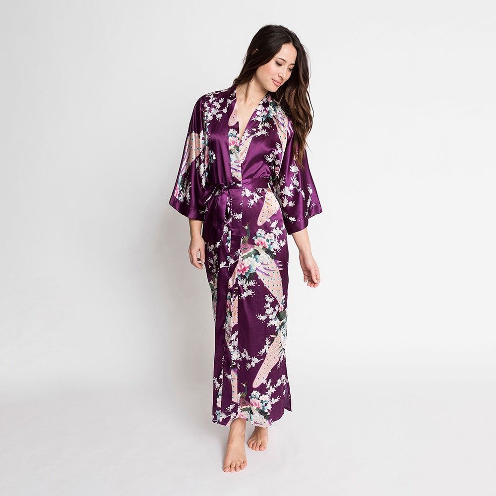 Kim + Ono Peacock and Blossoms Long Kimono Robe in Plum OS